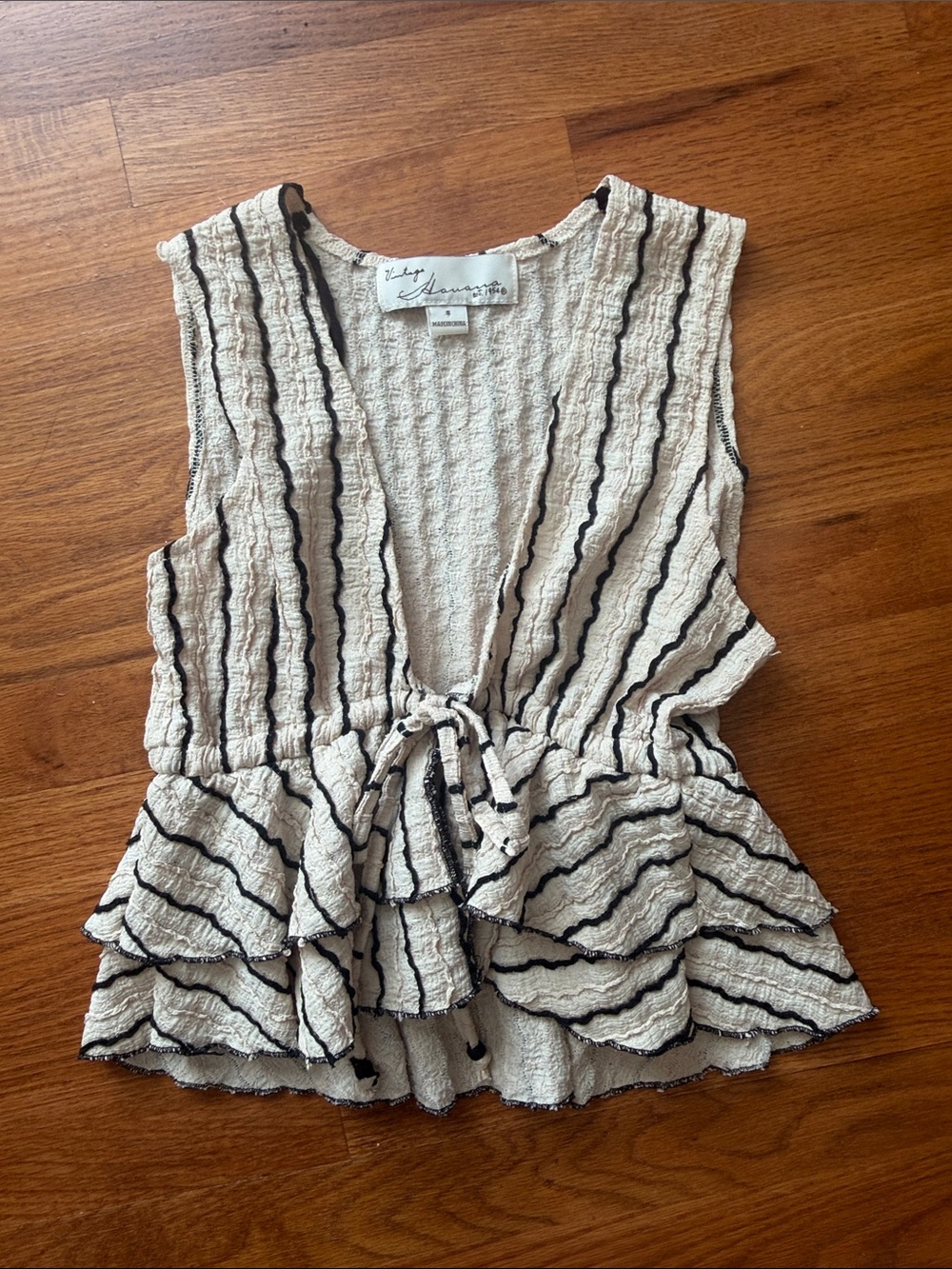 Vintage Havana  Cream & Black Striped Textured Tie-Front Ruffle Tank